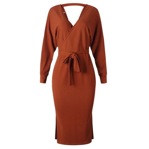 Knitted Sweater Wrap Belted Tunic Midi Dress