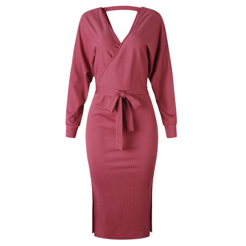 Knitted Sweater Wrap Belted Tunic Midi Dress