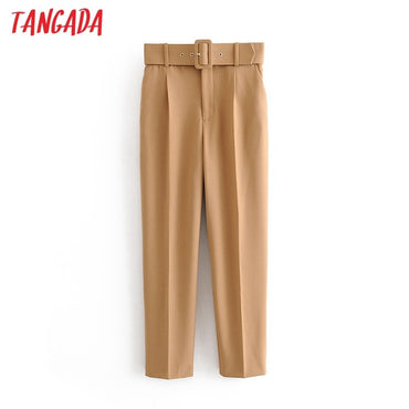 high waist pants sashes pockets office ladies pant