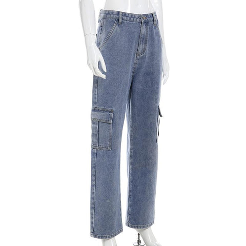 Pockets Patchwork High Waist Jeans Streetwear Straight
