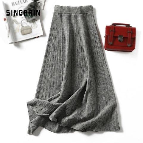 Knitted long skirt winter warm sweater stripe A-line maxi skirts