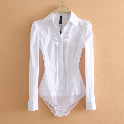 Bodysuits Women Office Lady White Body Shirt Long Sleeved Blouse Ladies
