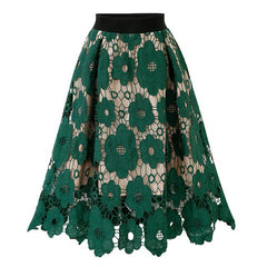 Lace Knee Length Soft Stretch Flared Skater Fashion High Waist Skirts