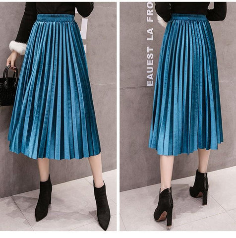 Velvet Skirt High Waisted Skinny Long Pleated Skirts Metallic