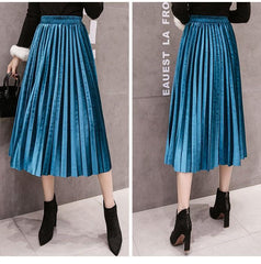 Velvet Skirt High Waisted Skinny Long Pleated Skirts Metallic