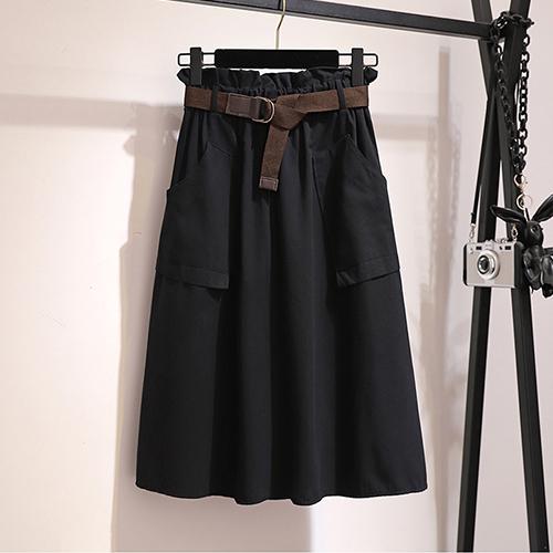 Knee Length No Belt Casual Cotton Solid High Waist Skirt