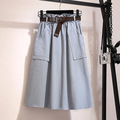 Knee Length No Belt Casual Cotton Solid High Waist Skirt