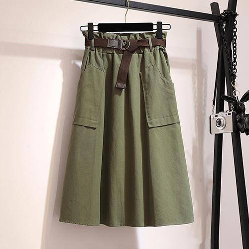 Knee Length No Belt Casual Cotton Solid High Waist Skirt