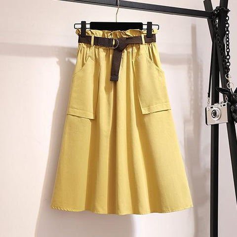Knee Length No Belt Casual Cotton Solid High Waist Skirt