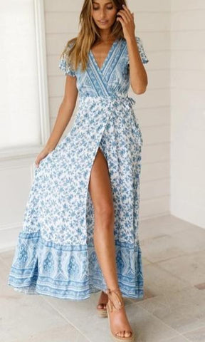 Vintage Print Sash Lace Up Elegant Party Long Beach Maxi Dress