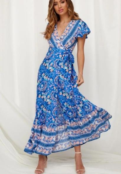 Vintage Print Sash Lace Up Elegant Party Long Beach Maxi Dress ...