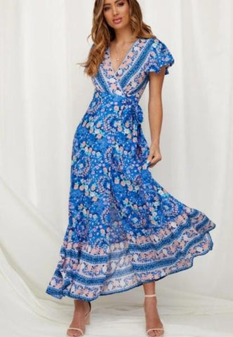 Vintage Print Sash Lace Up Elegant Party Long Beach Maxi Dress