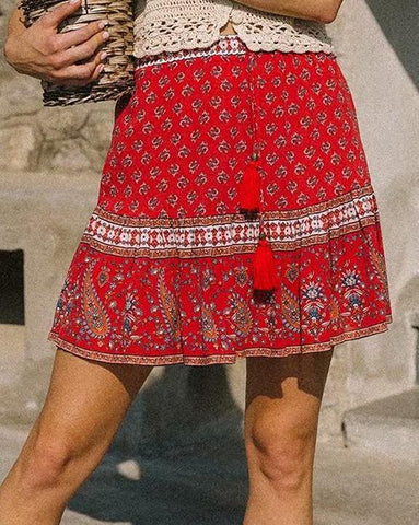 Boho Floral Print Tassels Sashes Elastic Waist Vintage Mini Skirts