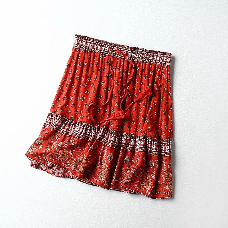 Boho Floral Print Tassels Sashes Elastic Waist Vintage Mini Skirts