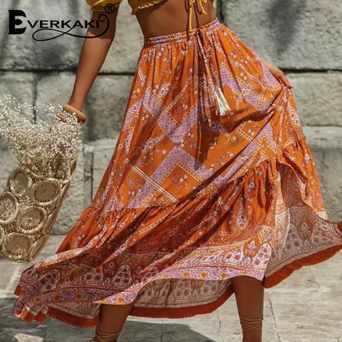 Floral Print Boho Tassels Sashes Elastic Waist Ethnic Vintage Skirt
