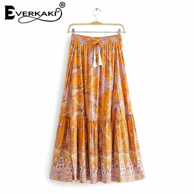 Floral Print Boho Tassels Sashes Elastic Waist Ethnic Vintage Skirt
