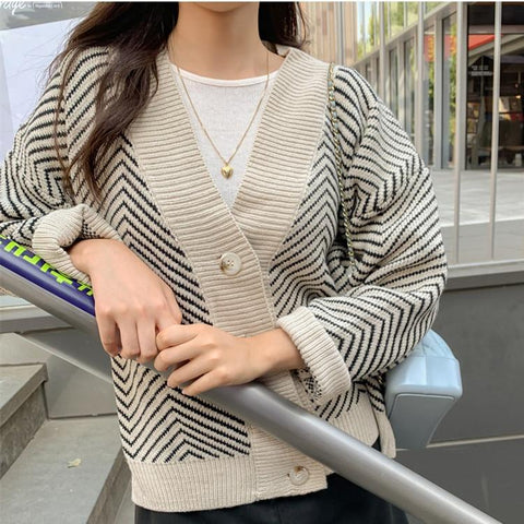 Fashionable Striped Casual V-Neck Cardigans Single Breasted