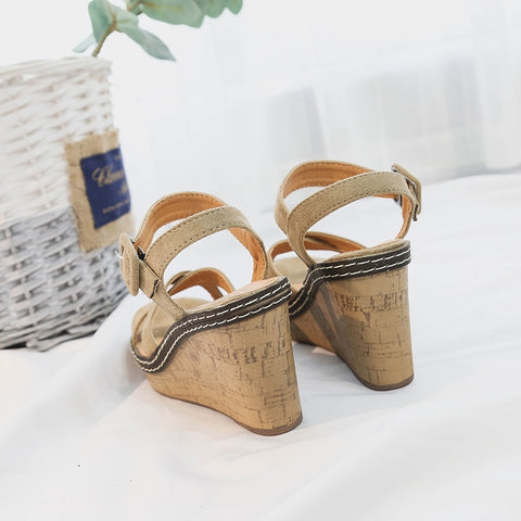 Wedge Peep Toe Buckle Platform Canvas Wedges Fashion Super High Heel Shoes