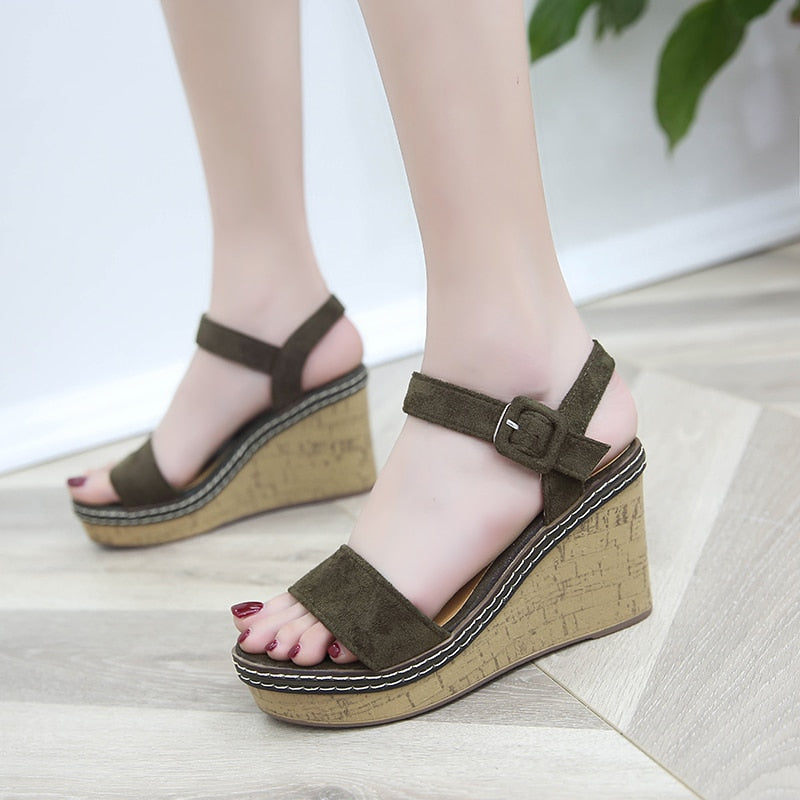 Wedge Peep Toe Buckle Platform Canvas Wedges Fashion Super High Heel Shoes