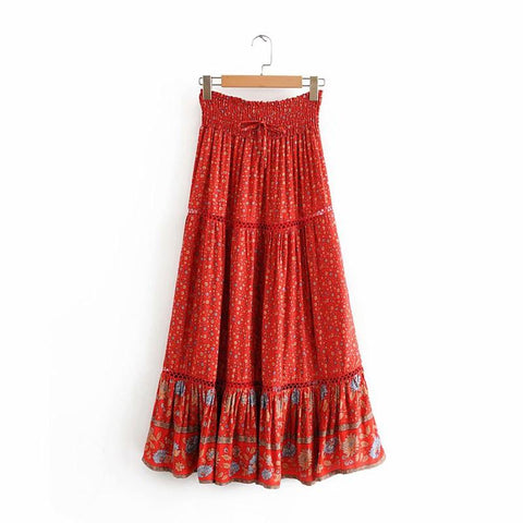 Boho Print Elastic Sashes Bottoms Vintage Skirt