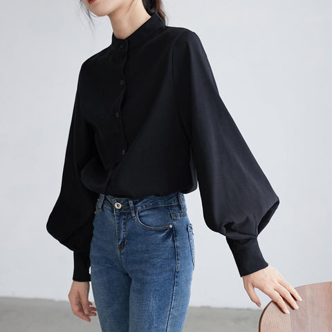 Lantern Sleeve Blouse Single Breasted Stand Collar Shirts Office