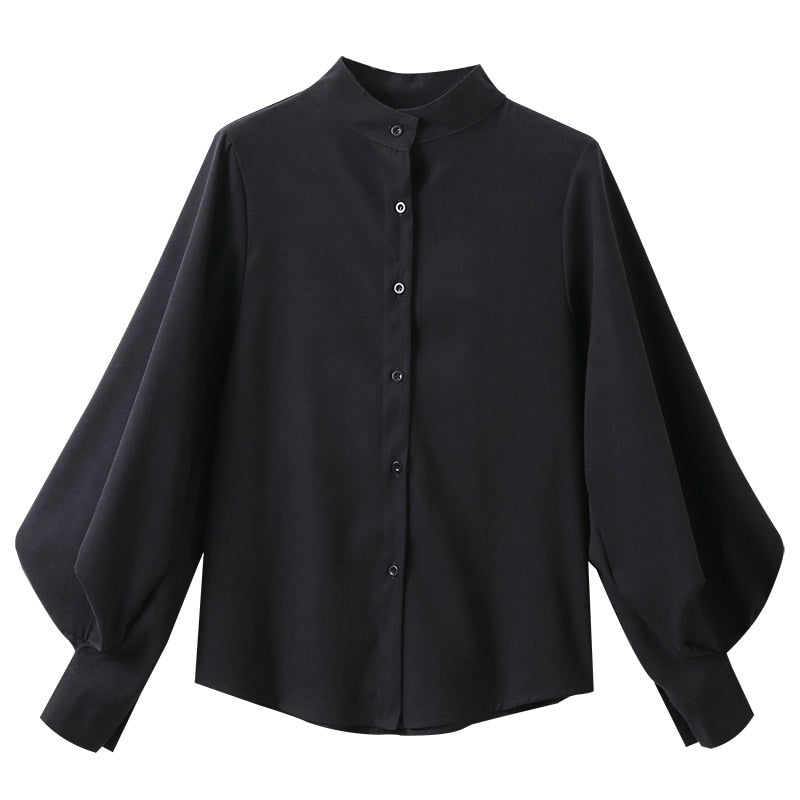 Lantern Sleeve Blouse Single Breasted Stand Collar Shirts Office