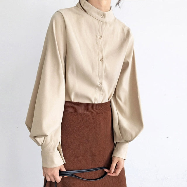 Lantern Sleeve Blouse Single Breasted Stand Collar Shirts Office