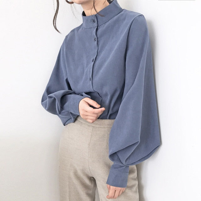 Lantern Sleeve Blouse Single Breasted Stand Collar Shirts Office