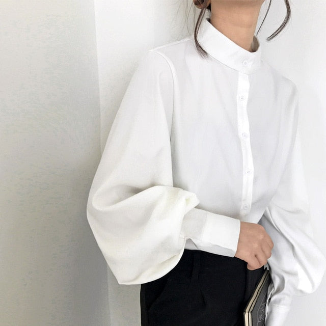 Lantern Sleeve Blouse Single Breasted Stand Collar Shirts Office