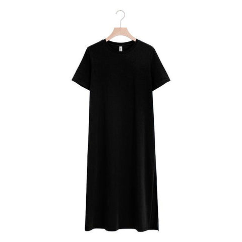 Split Long Dress O-neck Short Sleeve Solid T shirt Dress
