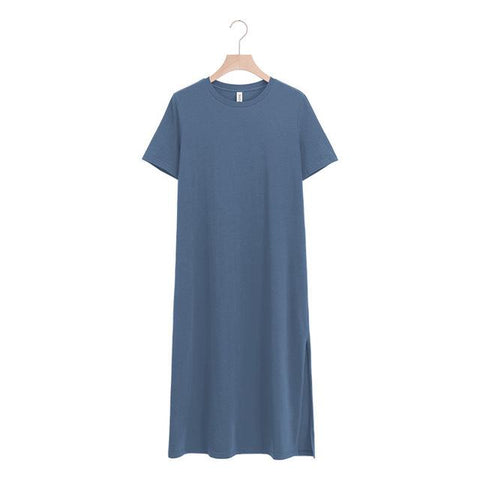 Split Long Dress O-neck Short Sleeve Solid T shirt Dress
