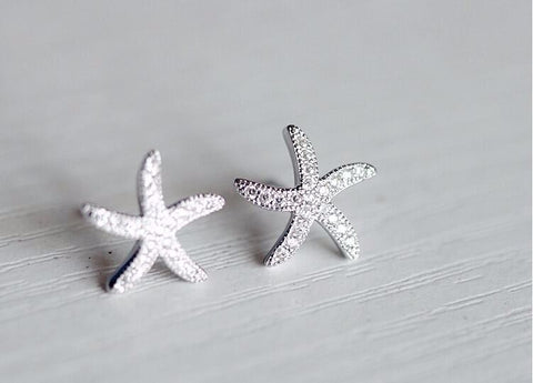 Sterling Silver Jewelry  Micro-embedded Crystal Starfish Earrings