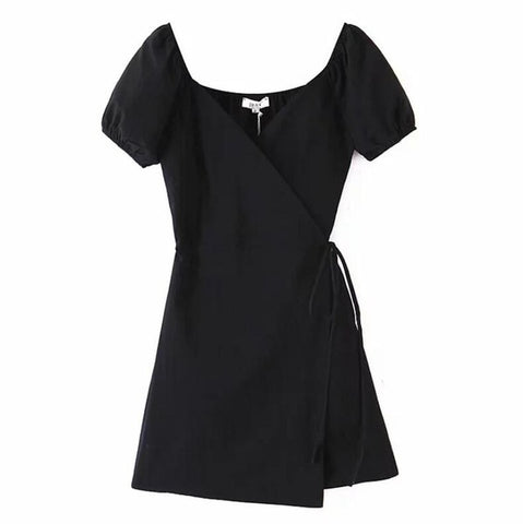 Front Slit Wrap Dress Holiday Tie Bow Lace up Waist Short Sleeve