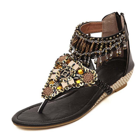 Bohemia Gladiator Wedges Flip Flops Crystal Platform Tassel Casual Shoes Woman