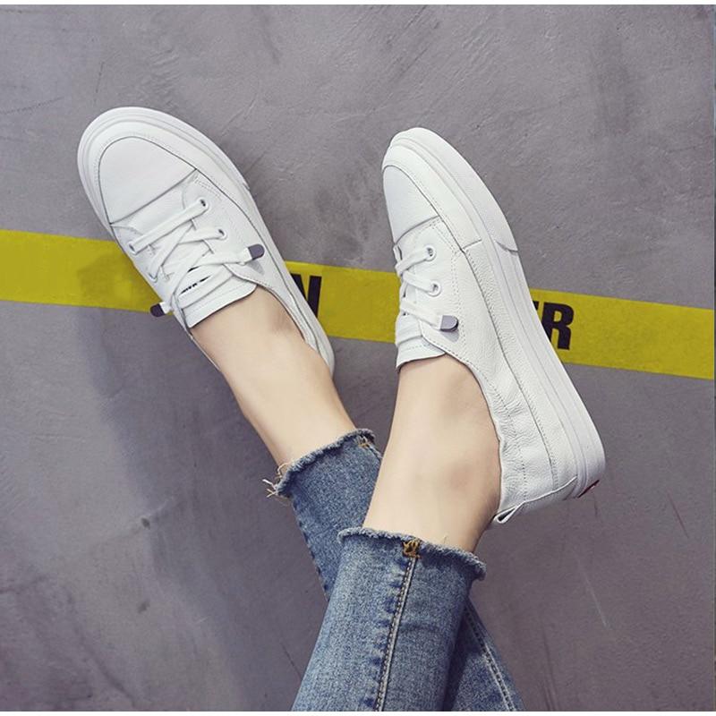 White Flats Pu Soft Leather Sneakers Canvas Loafers Comfort Lace Up Vulcanized Shoes