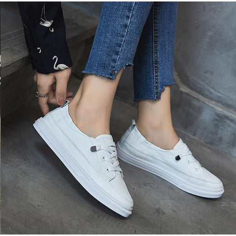 White Flats Pu Soft Leather Sneakers Canvas Loafers Comfort Lace Up Vulcanized Shoes