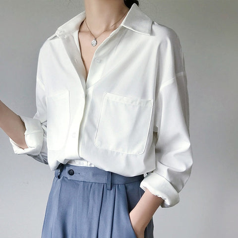 Style White Shirts for Women Turn-down Collar Pockets Blouse Tops