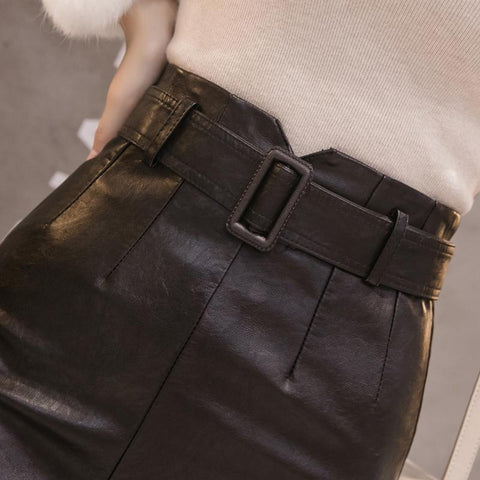Spring PU Leather Elegant Pencil Midi Skirt