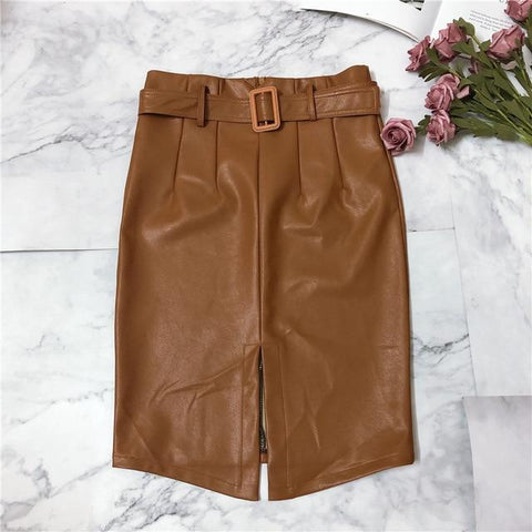 Spring PU Leather Elegant Pencil Midi Skirt