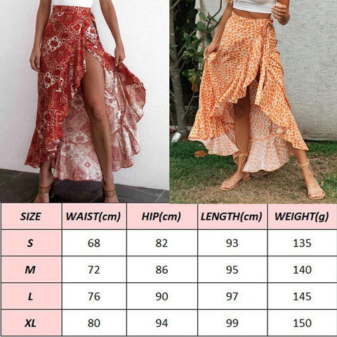 Floral High Waist Ruffled Long Split Boho Wrap Skirts