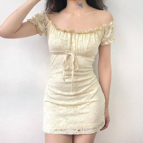 vintage boho casual lace  elegant mini off shoulder ruffle dress