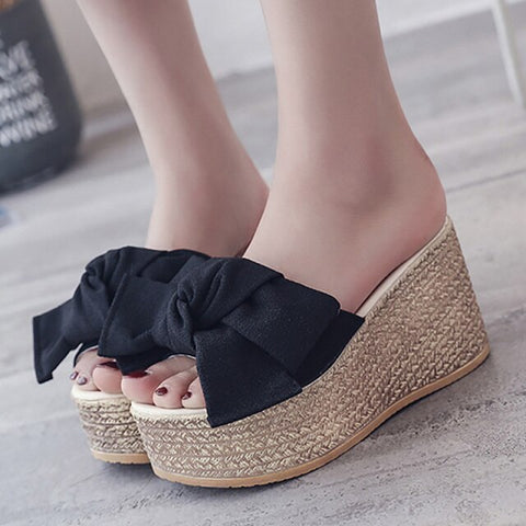 Platform Wedge Slippers Clog Riband Butterfly-knot Sandals Girls Flip Flop Slides