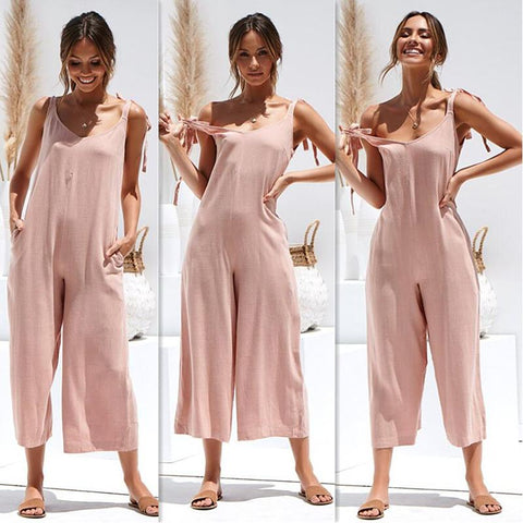 Casual Loose Linen Cotton Jumpsuit Sleeveless Backless Playsuit