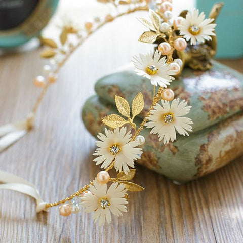 Gold Leaf Daisy Flower Headband Bridal Tiaras Hair