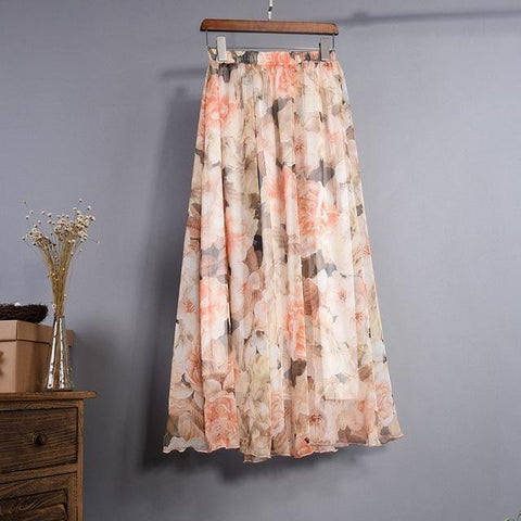 Fashion Florals Print  Boho Style Elastic High Waist Chiffon Skirt