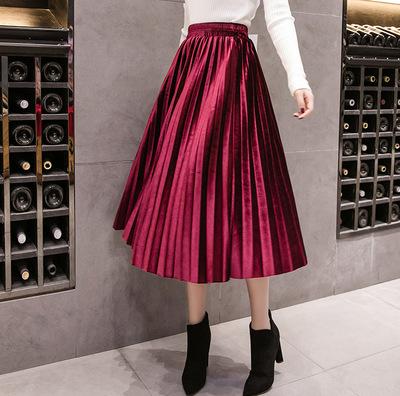 Velvet Skirt High Waisted Skinny Long Pleated Skirts Metallic