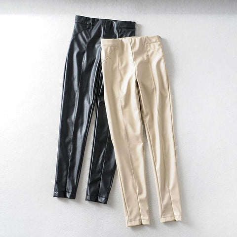 Stylish PU Faux Leather Stretch Pants Solid High Waist