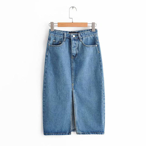 Sexy Denim Fashion Split Mid Calf Length Skirt Vintage Pocket