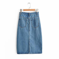 Sexy Denim Fashion Split Mid Calf Length Skirt Vintage Pocket