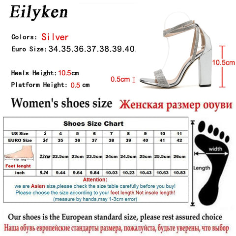 Silver Bling Crystal Sexy Women Sandals Square heel Buckle Strap Gladiator